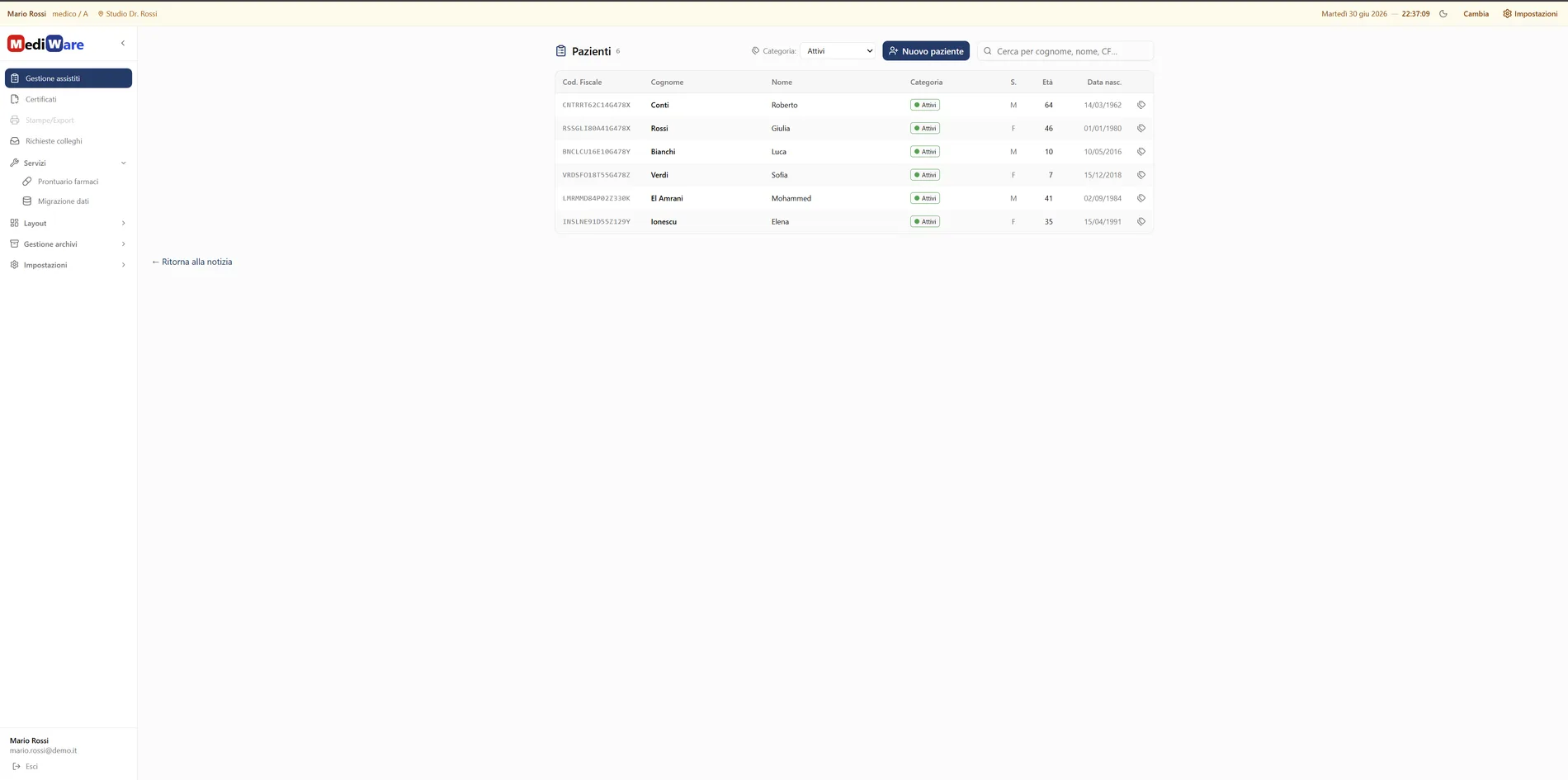 Gestione assistiti: l'elenco pazienti della web app AdvancedMedNet nel browser